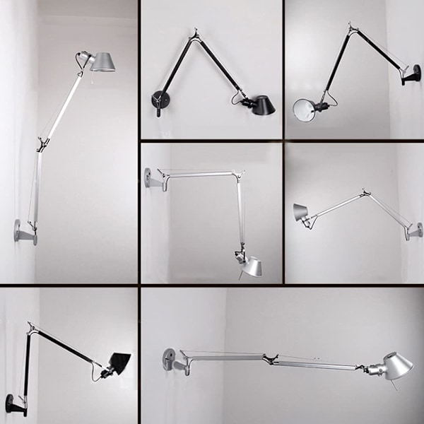 Vägglampa med tre färger, variabel belysning, lång svängarm, utdragbar vägglampa med justerbart huvud, silver, liten