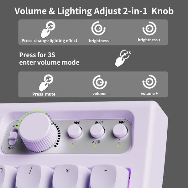 V97 Söt Krämfärgad Tangentbord, Bluetooth/2.4GHz Speltangentbord Trådlöst med RGB-Bakgrundsbelysning, Medieknapp, Böjd Kropp, Laddningsbart Tyst Datortangentbord Purple