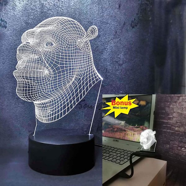 3D Shrek LED nattlys med 7 fargeendringer, fjernkontroll, USB-base, batteridrevet, skrivebordslampe, optisk illusjon, nattlys, hjemmedekor, gutt, barn, barn