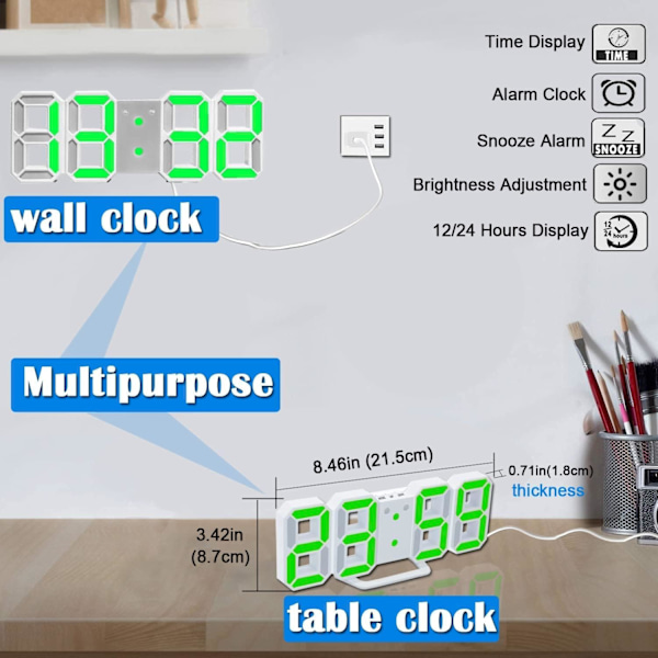 Uppgraderad modern 3D-väckarklocka, LED digital skrivbordsväckarklocka för kök, sovrum, kontor, modern design 9,7 tum LED vitt nattljus dekor vägg