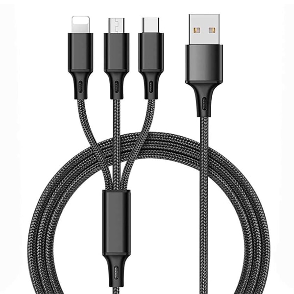 Universal 3in1 nylon punottu USB latauskaapeli, 4 Ft/1.2M, 3A (IP+C-tyyppi+mikro-USB) - musta