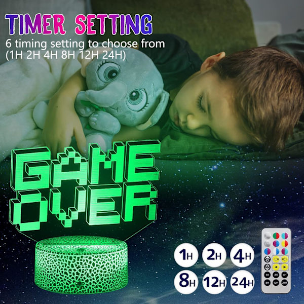 3 stk 3D Illusions Gamer nattlys, spillrom dekor med to-farget skjerm + timer, gamer gaver med fjernkontroll, spilllampe for gutter jenter menn