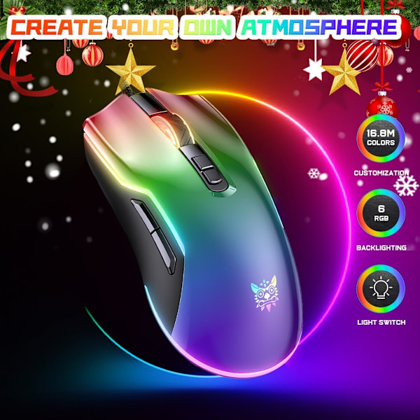 Trådløs Spillmus, RGB Spillmus, 12800 DPI Programmerbar Ergonomisk PC Spillmus med Kule Lyseffekter 7 Knapper