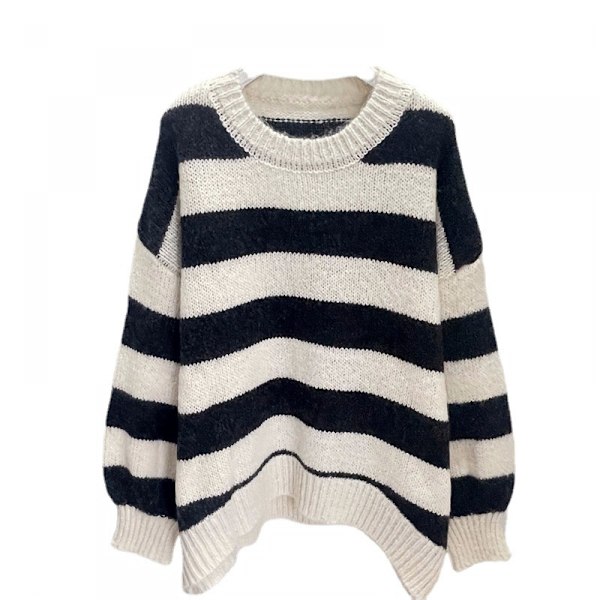 Damtröjor Casual Lång Lykta Ärm Besättning Hals Stickad Pullover Randig Jumper Toppar Blus