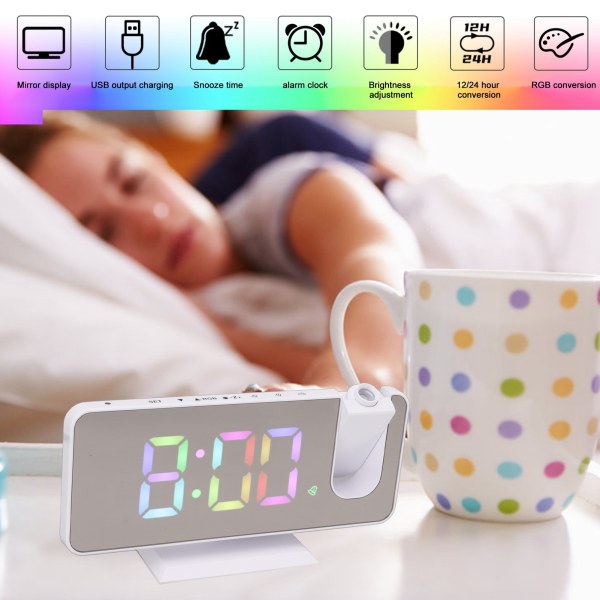 Digital spegelklocka med stor display RGB färgglad gradient projektionsväckarklocka för hem sovrum vit