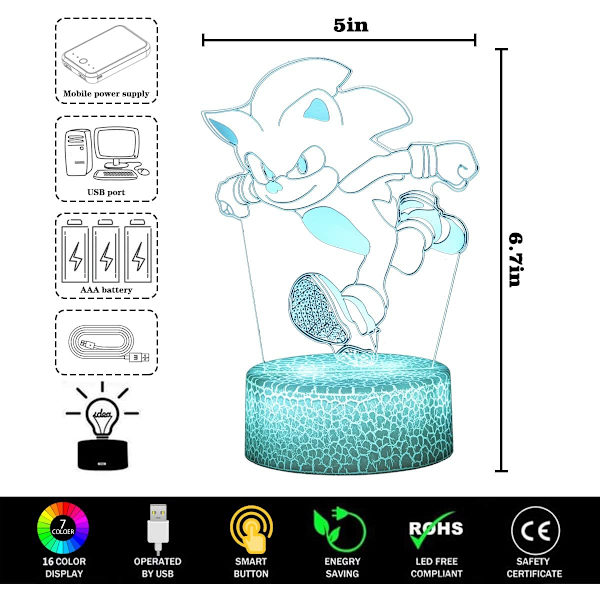 3D Sonic The Hedgehog Animelampa, Fjärrkontroll med 16 Färgväxlande Rum Dekoration Nattlampa Födelsedag Julgåvor för Barn, Pojkar, Flickor