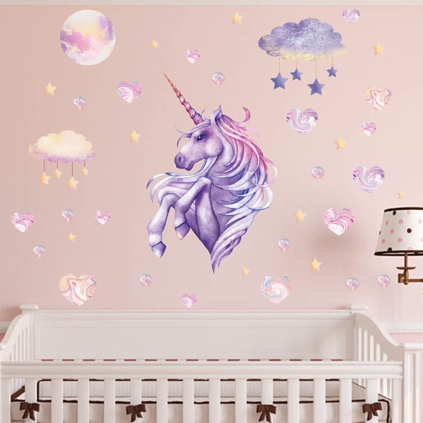 Unicorn väggdekaler - Avtagbara Unicorn väggdekor med hjärtan och stjärnor, för födelsedagsfest, barnens sovrum, vardagsrum, flickrum