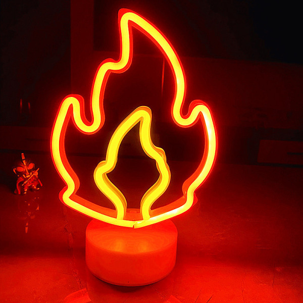 Liekinmuotoinen neon LED -kyltti, tulenmuotoinen neonvalo jalustalla, huoneen sisustukseen tarkoitettu LED-lamppu, USB/paristokäyttöinen liekinmuotoinen neontaidekyltti makuuhuoneeseen, häihin