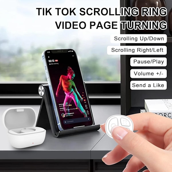 Tiktok Scrolling Ring TikTok Fjernkontroll Bluetooth Kamera Video Opptak Fjernkontroll TIK Tok Scrolling Ring Sidevender for Kindle App(D01) White