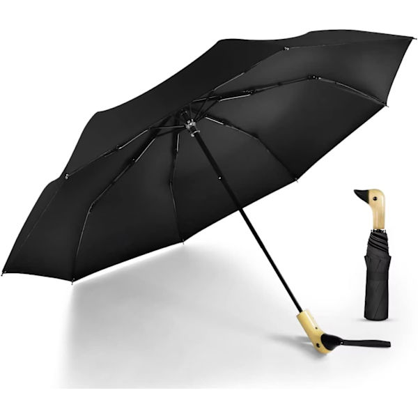 Kompakt lille paraply til regn og sol, sød design andehoved paraply til piger gaver, 8 ribber folde paraply med træhåndtag Black
