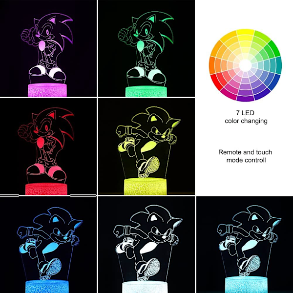 3D Sonic Anime Nattlampe - LED Illusionslampe med 2 Mønstre og 16 Fargeendringer, Dekorativ Bordlampe med Fjernkontroll, Kreativ Bursdags- og Julegave