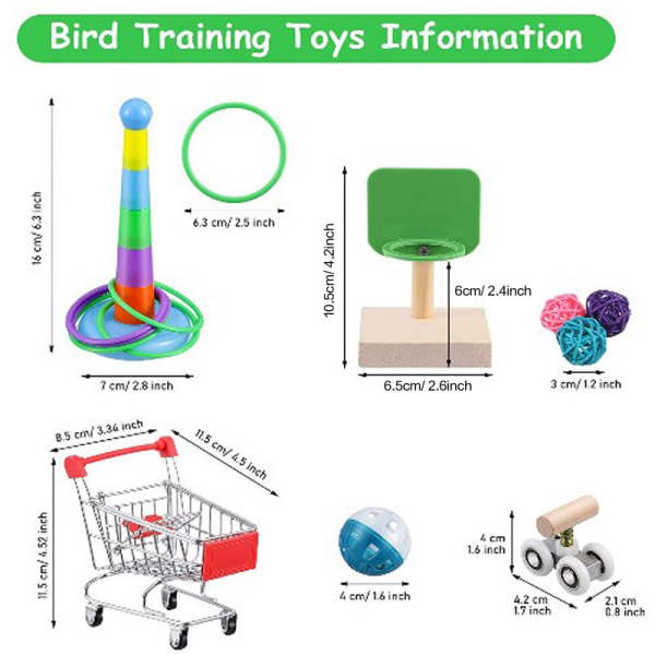 6 stykker fugletreningsleker Papegøye intellektuelt leketøy Mini vogn Mini rulleskøyteleke Basketball Stack Ring Fugleleke Kring Ball