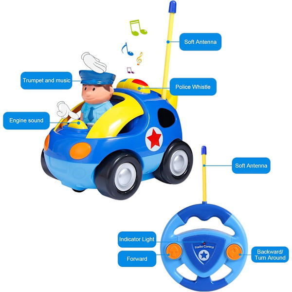 Min Första Cartoon RC Fjärrstyrda Bilar för Småbarn 1-3 År, Radiostyrd Leksak för Baby, Barn 18 Månader+ (Polisen) Blue