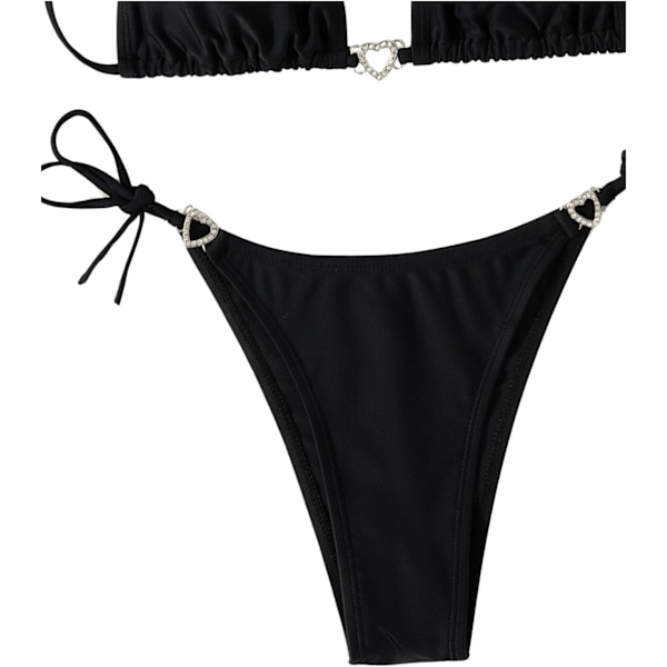 WJSM Dame Halterneck Tie Side Triangle Bikinisett Høy Skjæring 2 Delers Bikini Badetøy Rhinestone Black M