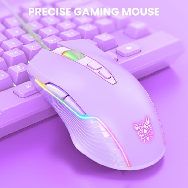 RGB Spillmus Trådløs, USB Optisk Datamus med RGB Bakgrunnsbelysning, 6 Justerbare DPI Opptil 6400, med 7 Programmerbare Knapper Lilac