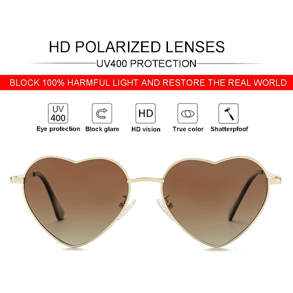 Polariserte hjerteformede solbriller for kvinner, mote, stilig stil, metallramme, UV400-beskyttelseslinse Gold Gradient Brown 54 Millimeters