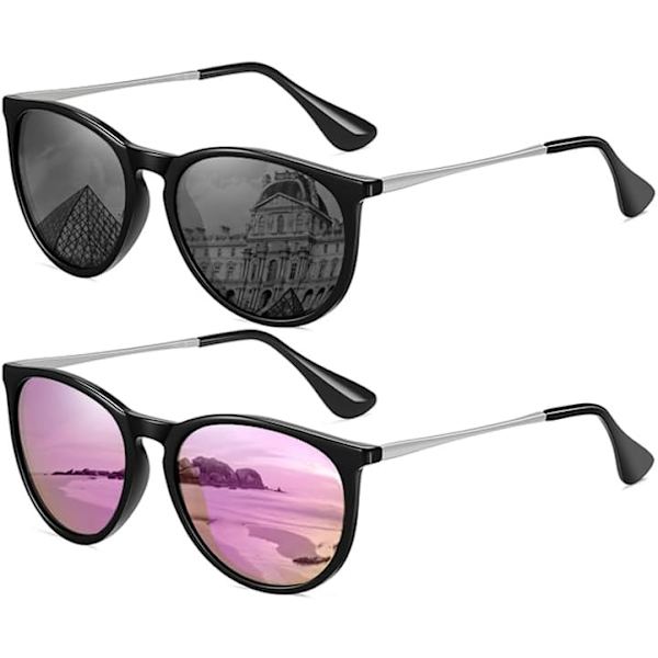 Solbriller til kvinder og mænd - Vintage polariserede retro solbriller til kvinder - Runde klassiske solbriller med UV-beskyttelse Black and Purple Pink