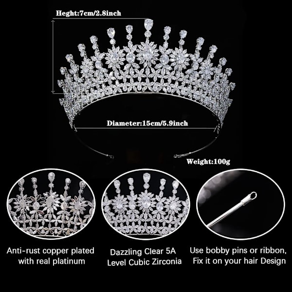 Cubic Zirconia Brudesløjfe til Bryllup Prinsesse Dronning Tiara Høj Fest Pageant Hårpynt Sød 16 Hårtilbehør