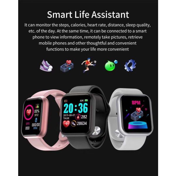 Y68 Smart Armband D20 Puls Smart Armband Blodtryck Sport Bluetooth Watch Present Elektronik Svart