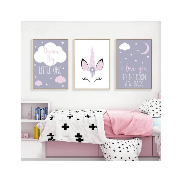 Wekity Moon and Unicorn Wall Art Canvas Print Poster, Enkel söt akvarellkonstdekor för hemmet Vardagsrum Sovrum Kontor och barnrum(Set med