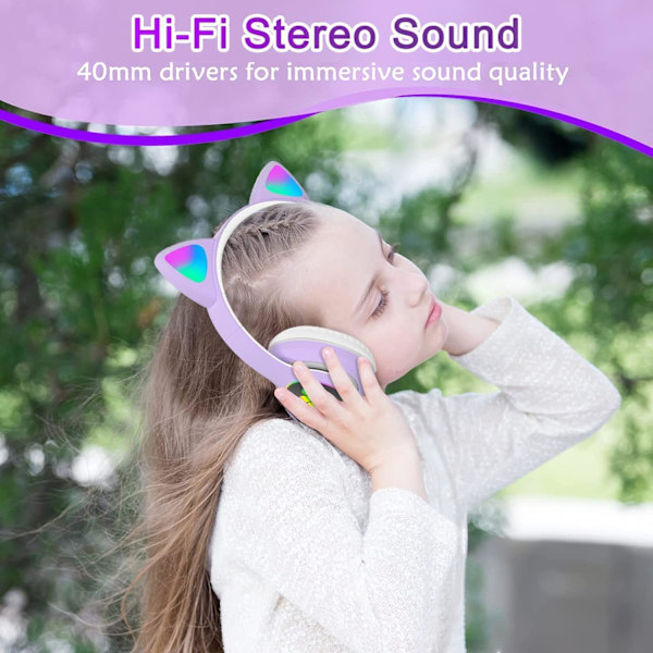 Bluetooth-hodetelefoner for barn, søte ørekatteøre LED-lys oppfellbare hodetelefoner Stereo Over Ear med mikrofon/TF-kort Trådløse hodetelefoner for iPho Purple