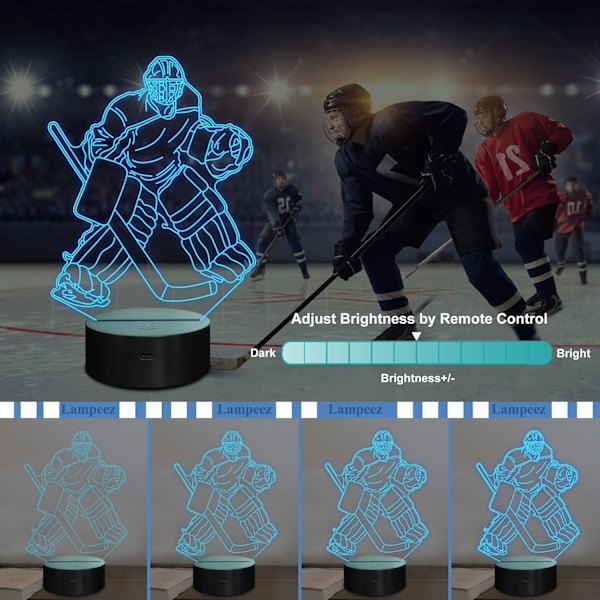 Ishockey Målvakt Nattlys Barn 3D Optisk Illusjon Lampe med 16 Farger Fjernkontroll Skiftende Bursdagsgave Ide for Gutter og Jenter
