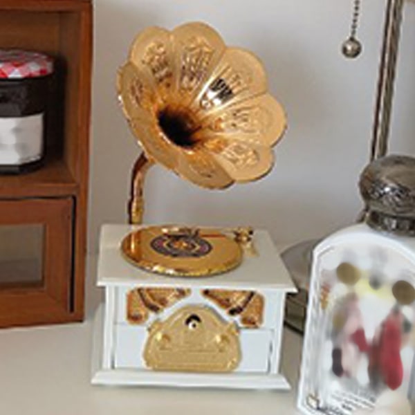 Retro Grammofon Musikbox Klassisk Grammofonspeldosa Musikbox för Hemskrivbordet Musikalisk Dekoration White