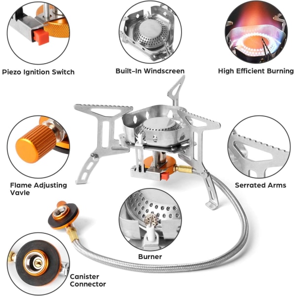 3500W tuulenpitävä leirin liesi retkeilykaasupoltin polttoainesäiliöadapterilla, piezo-sytytys, kantolaukku, kannettava kokoontaitettava liesi ulkokäyttöön