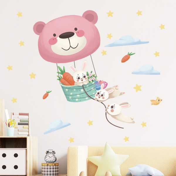 Colorful Balloon Flying Animals Wall Decals, Cute Bunny Rabbit Radish Wall Stickers, Removable Vinyl Wall Decor