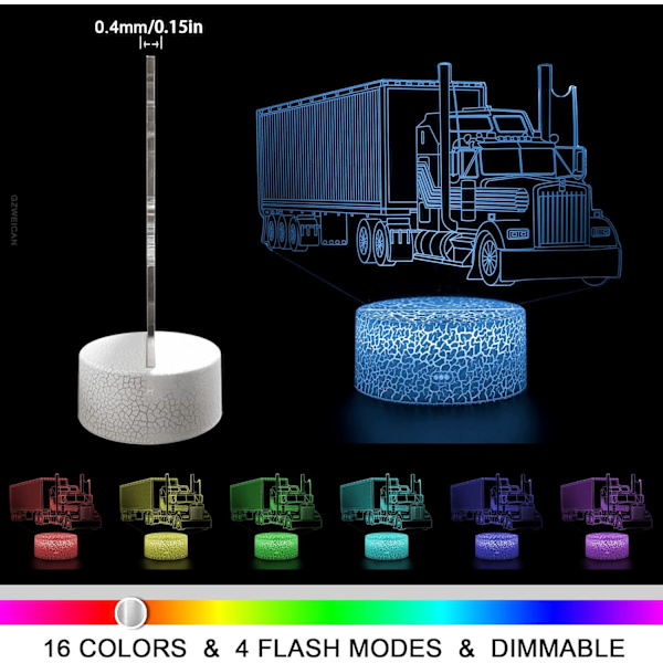 3D Illusion Lastbil Formet Natlys LED Lampe til Lastbilentusiaster Fjernbetjening 16 Farver Bordlampe Julegaver