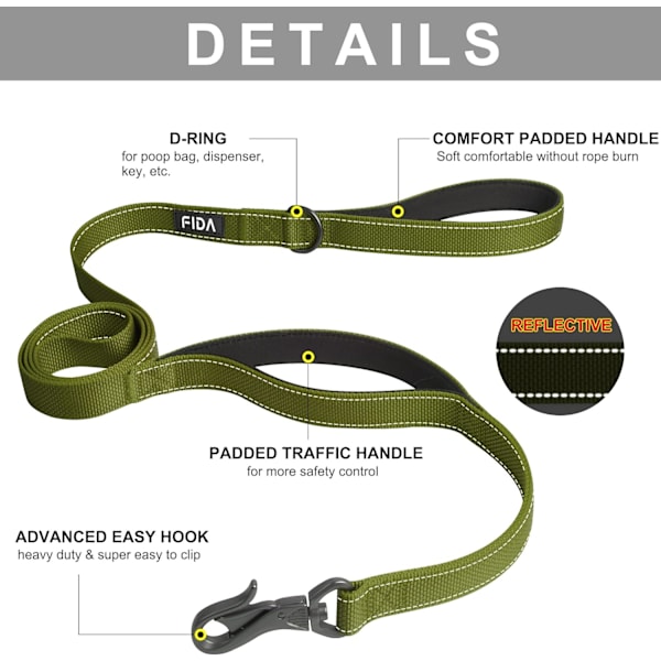 6 FT Heavy Duty Hundekobbel med 2 komfortable polstrede håndtak, trafikkhåndtak og avansert enkel snappkrok, reflekterende gåledning for store, mellomstore og S Green6FT 6 Feet (Pack of 1)