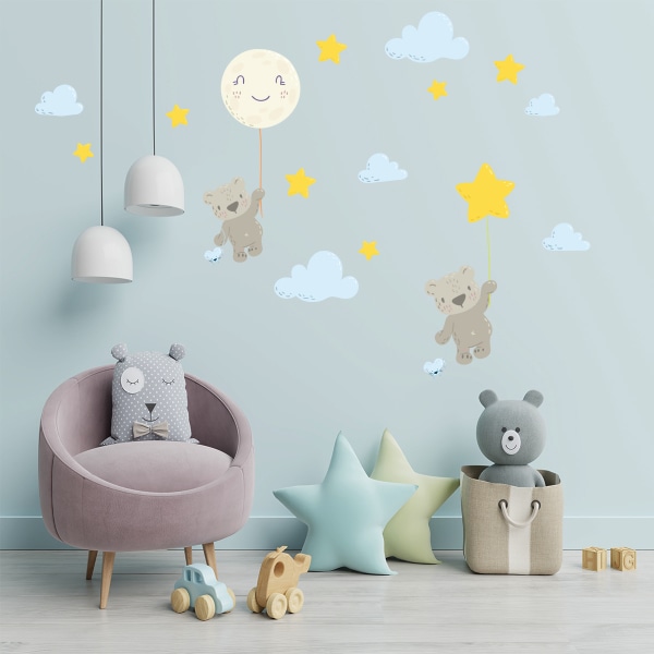 Tecknad söt brun björn på månmolnet med stjärnväggsdekal, löstagbar lilla björn print klistermärken Bilder för barn för barnrum sovrum