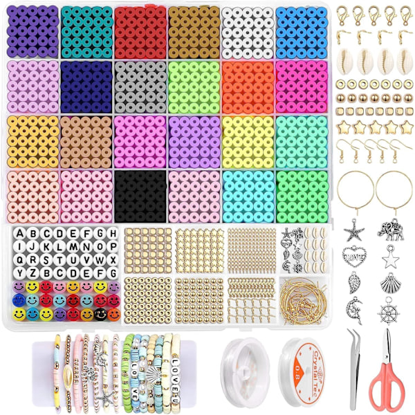 6000 stk. 24 farver polymer ler perler armbånd fremstillingssæt, venskab armbåndssæt, 6mm Heishi perler til smykkefremstilling med charms, gaver til teenagepiger