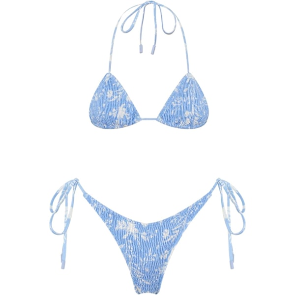 WJSM Damtriangel Bikini String Baddräkt Print Tie Smocked Ruched Tvådelad Baddräkt Set Sky Blue L