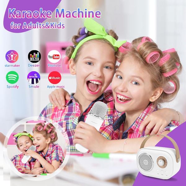 Vit minikaraokemaskin för barn, bärbar Bluetooth-högtalare med 2 trådlösa mikrofoner, retrohögtalarset stereoljud förbättrat