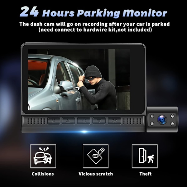 3-kanals dashcam fram och bak inuti, 4 tum 1080P dashkamera för bilar trevägs trippel bilkamera med IR-nattseende, loop-inspelning, G-sensor