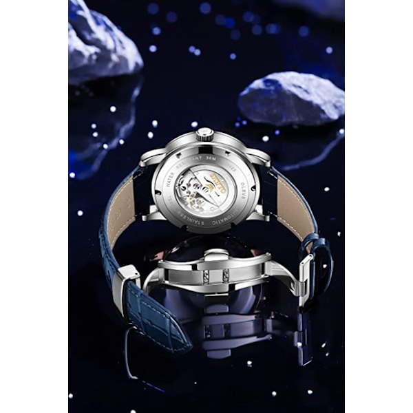 Stjernehimmel Månefase Herre Automatiske Mekaniske Ure Blåt Læder Luksus Kjole Vandtætte Lysende Armbåndsure