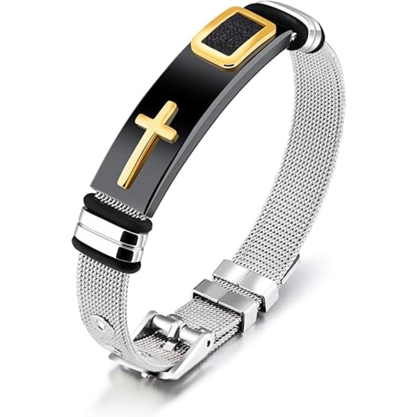 Herrarmband, Svarta armband för män, Snyggt justerbart kors i rostfritt stål, mesh-kedja, armband för män, smycken för män Gold + black