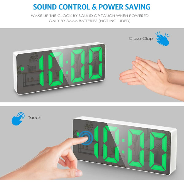 Digital väckarklocka, LED-klocka för sovrum, elektronisk skrivbordsklocka med temperaturvisning, justerbar ljusstyrka, röststyrning, 12/24H, 6,3\" La white+green led