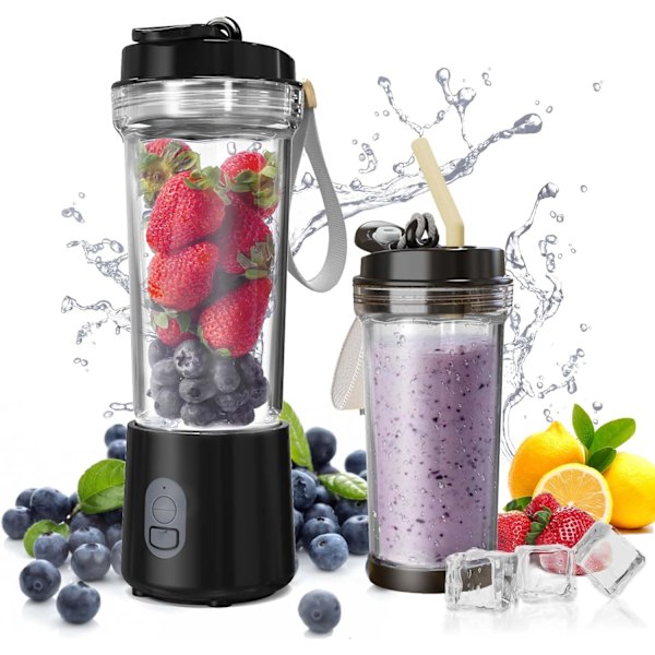 Bærbar Blender til Shakes og Smoothies 17Oz, Personlig Blender 4000mAh USB Genopladelig, 500ml Bærbar Juicer til Køkken/Rejse/Træning Black