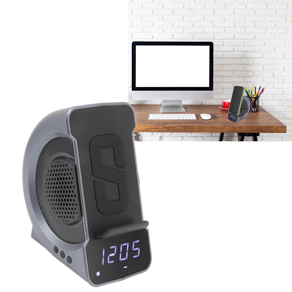 3 i 1 Bluetooth-högtalare PC ABS väckarklocka med trådlös laddning för sängbord 10W blå