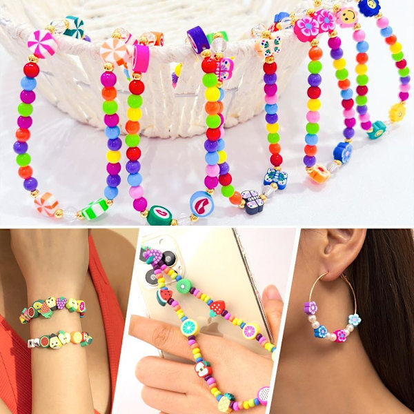 480 st fruktblommor polymerlera pärlor, 24 stil söta hjärtformade svampar lerpärlor berlocker för smycken halsband örhänge tillverkning, DIY armband tillverkningssats