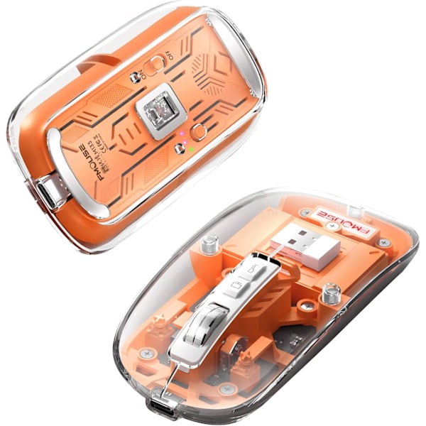 Transparent Trådløs Mus BT5.1/2.4G Bluetooth Mus Oppladbar Lydløs Mus for Mac, iPad, MacBook, Bærbar PC Orange