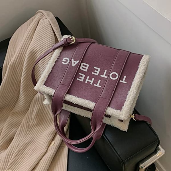 Toteväska för kvinnor, PU-läder toteväska med lammull, crossbody handväska för resor/arbete (11*8,26*4,3 tum)