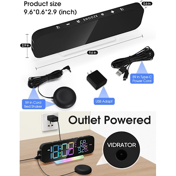 Ekstra høj vibrerende vækkeur med sengevibrator til tunge sovende, hørehæmmede døve, justerbar lydstyrke, dæmper, stort LED-digitalt display med RGB-natlys Black