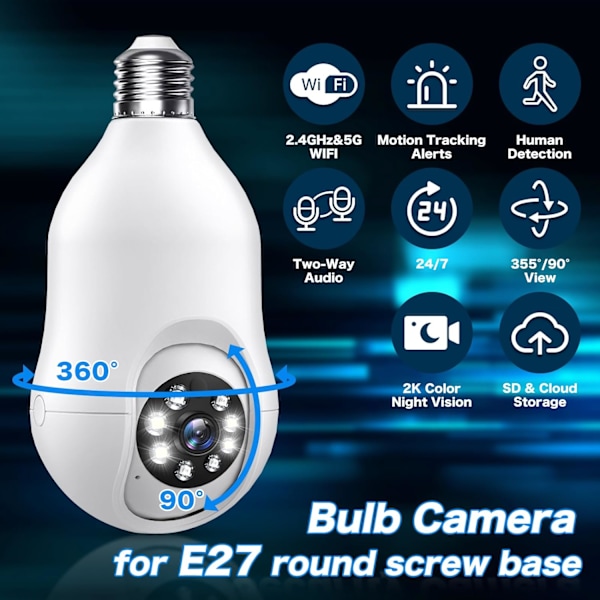 Ljuskälla Säkerhetskameror Trådlös Utomhus 5g, 2K Ljuskälla Kameror för Hemmasäkerhet Utomhus, Eagle Eye Kamera 360 för E27 Ljus Skoct 24/7 Motio