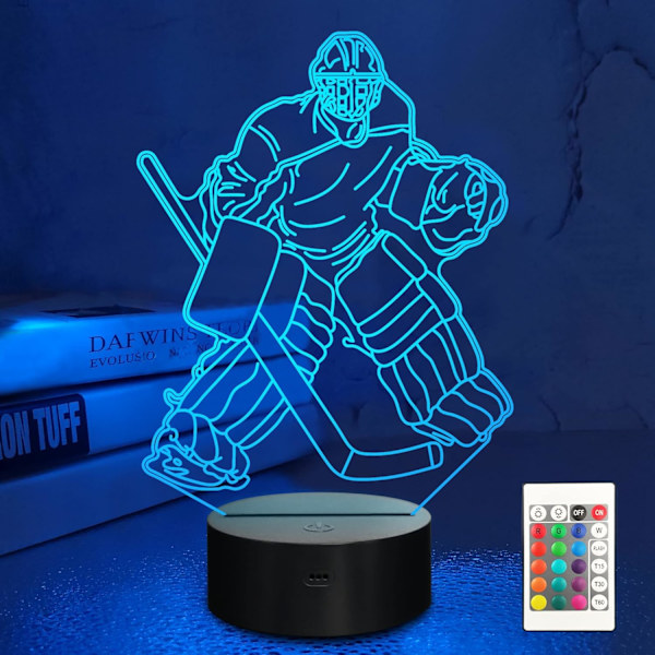 Ishockey Målvakt Nattlys Barn 3D Optisk Illusjon Lampe med 16 Farger Fjernkontroll Skiftende Bursdagsgave Ide for Gutter og Jenter