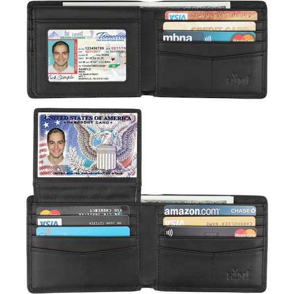 Plånbok för män - Äkta läder RFID-blockerande bifold stilren plånbok med 2 ID-fönster Black