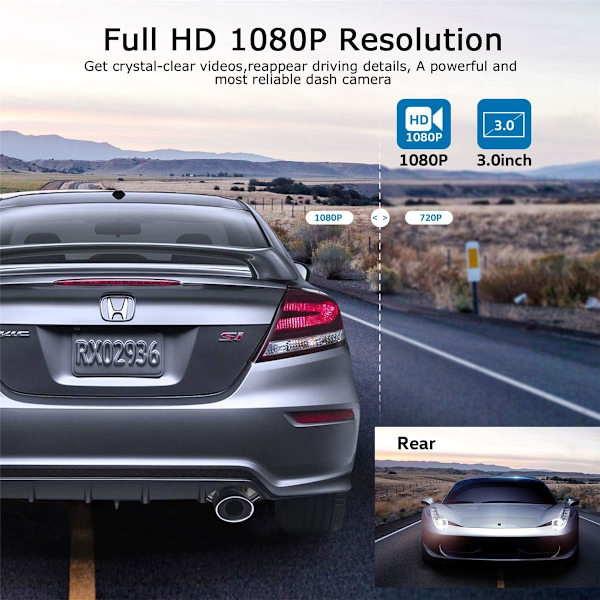 Dashcam fram och bak 1080P Full HD Dubbel Dashkamera i bilkamera Instrumentpanelskamera Dashcam för bilar 170 vidvinkel med 3,0\" LCD-skärm Nattvi