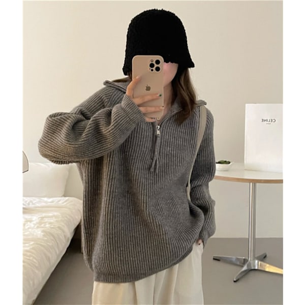 Dam långärmad 1/4 dragkedja krage stickad pullover tröja randig V-ringning lös casual jumper toppar